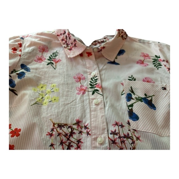 TOMMY HILFIGER button down cotton shirt. Pink & white stripes & florals, Coastal - Picture 6 of 11